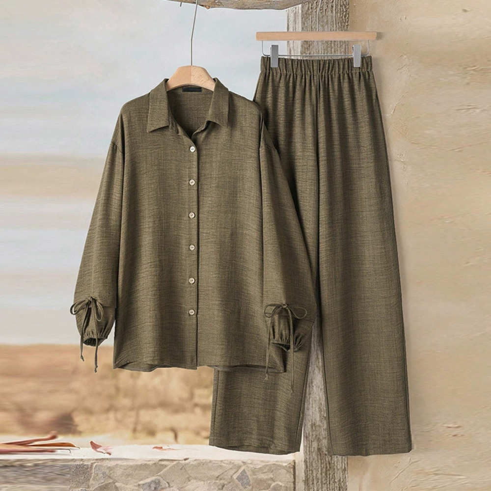 H&M Chic Long Sleeve Shirt Casual Pants Set Loose Cardigan for Women